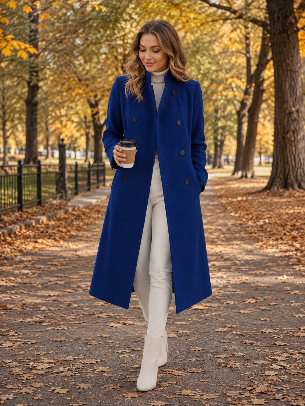 Vintage Cobalt Blue Double-Breasted Long Wool Coat
